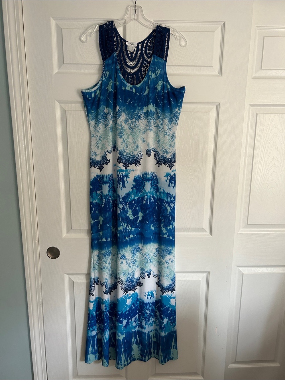 VENUS Blue and White Tie-Dye Maxi Dress with Crochet Yoke
